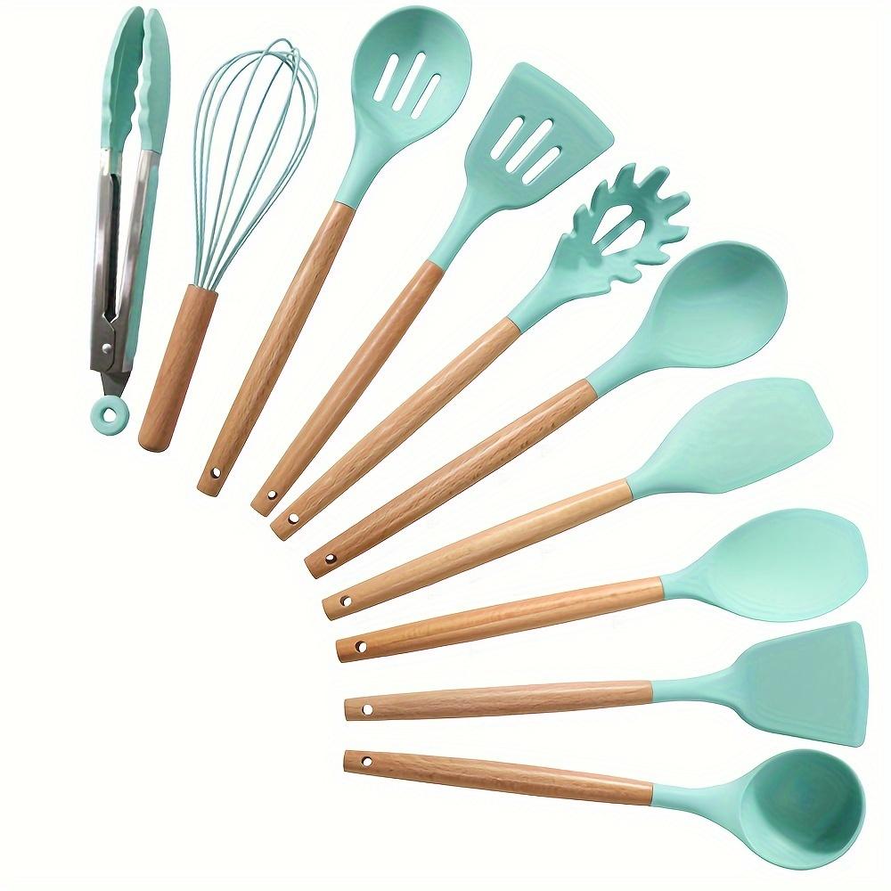 10 Pcs Silicone Cooking Utensil Set with Wooden Handles, Heat Resistant Non-Stick Kitchen Spatula Turner Spoon Tongs Whisk