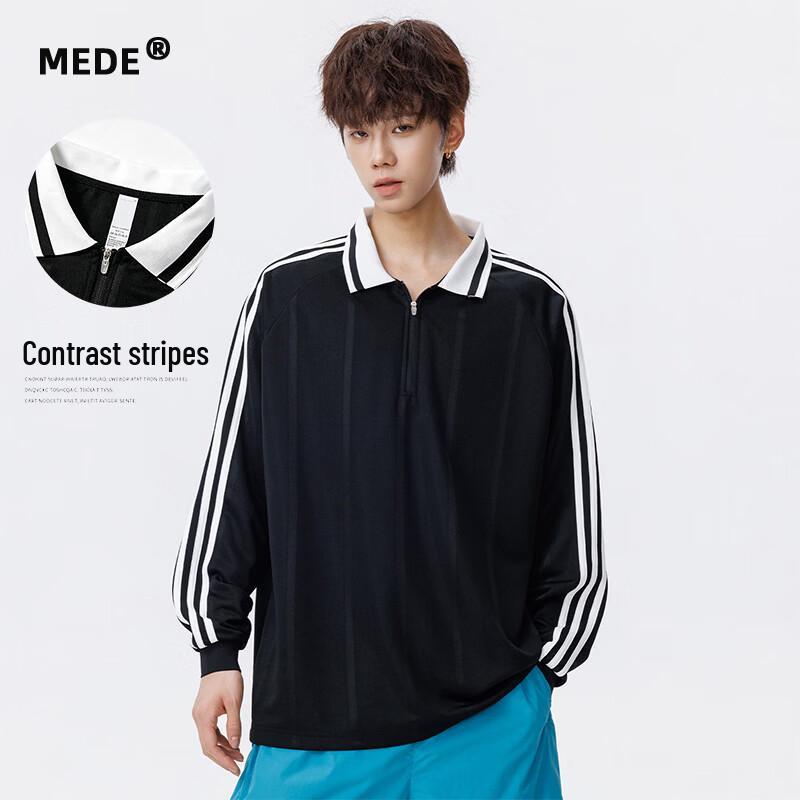 MEDE American Style Color-Block Striped Half-Zip Polo Long Sleeve Shirt