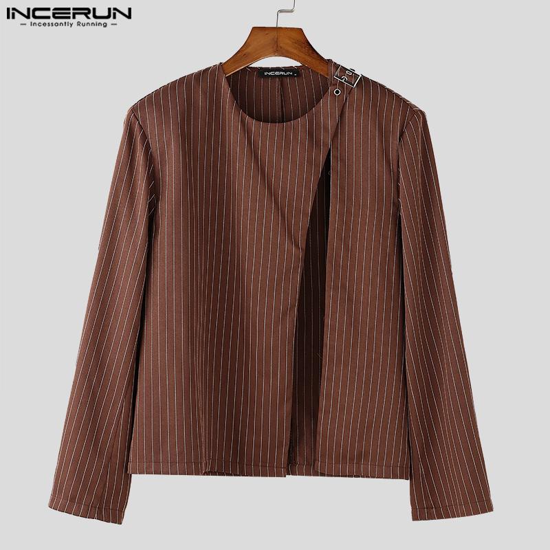 INCERUN Двухсекционный мужской круглый вырез полосатый разрез длинный рукав рубашки повседневный костюм брюки комплекты