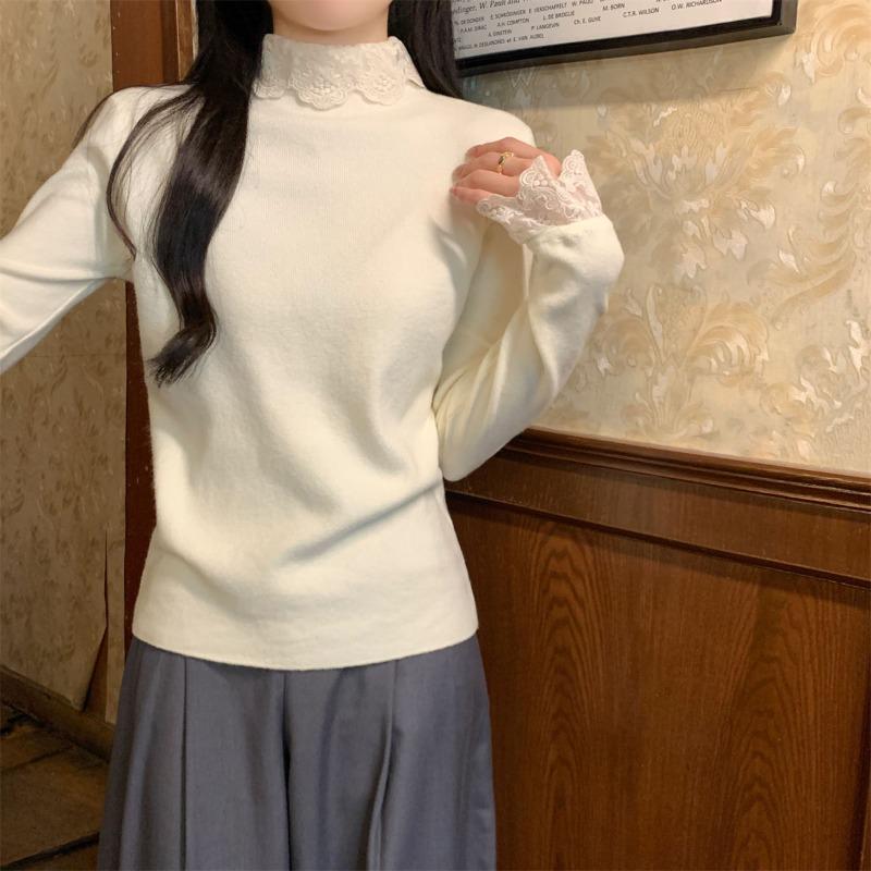 Кружевной полуводолазка базовый топ женский осенне-зимний милый внутренний с длинным рукавом теплый вязаный свитер с флисом Энди