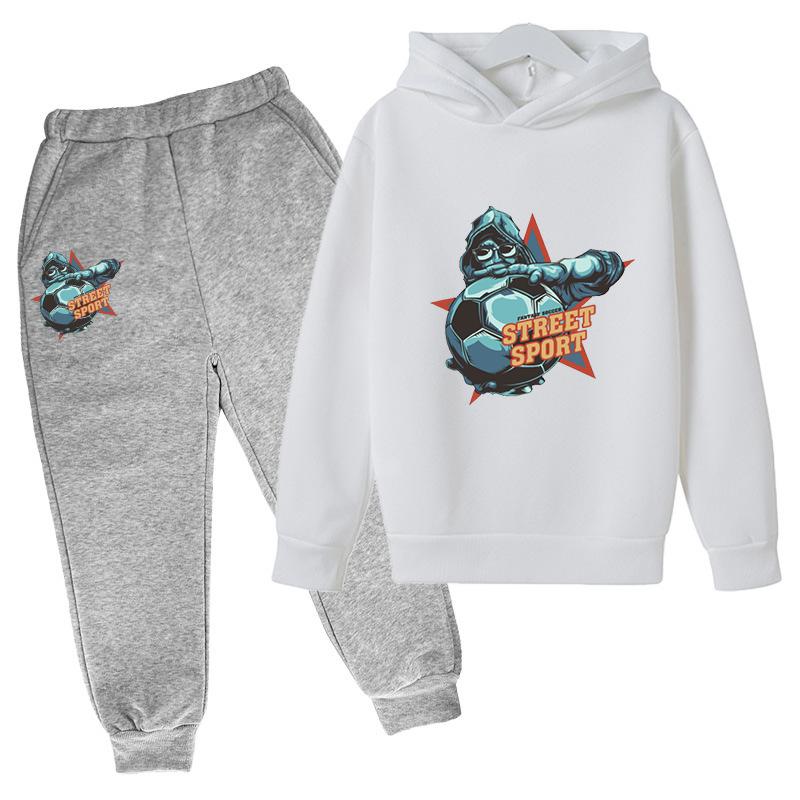 Уличный спортивный узор с принтом для детей из чистого хлопка, весенне-осенний комплект с капюшоном, модные повседневные комплекты из топа с капюшоном и спортивных штанов