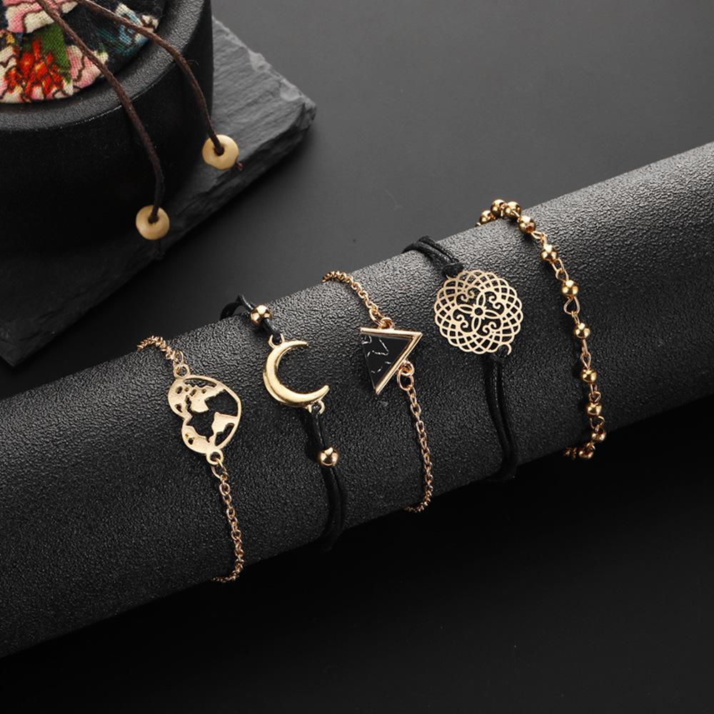 Европейский и американский стиль Черный бирюзовый треугольник Луна Набор браслетов - 5 штук