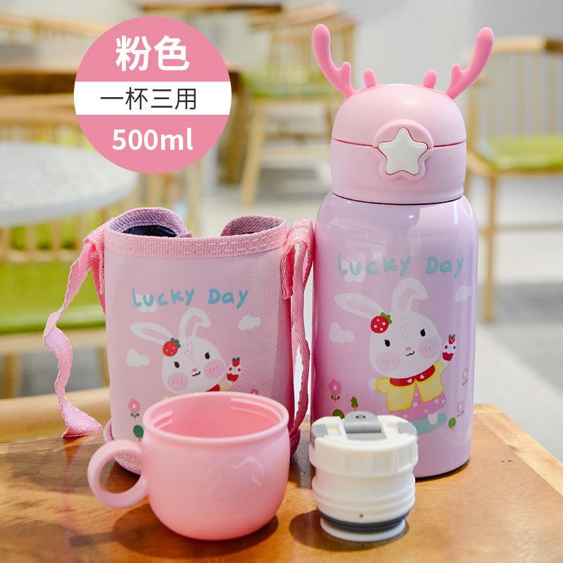 Deer Children's Stainless Steel Thermos Cup Bouncing Straw Cup Student Strap Portable Three Double Drinks Children's Pot