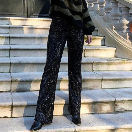 Женские брюки средней посадки однотонные с блестящими пайетками повседневные брюки широкие штанины сценические танцевальные брюки одежда для вечеринки в ночном клубе