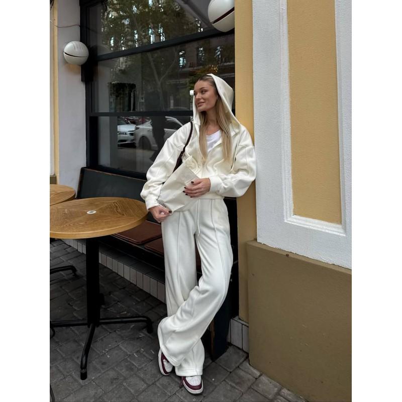 Womens Fleece Hooded Zip-Up Top Wide-Leg Pants 2-Piece Casual Set