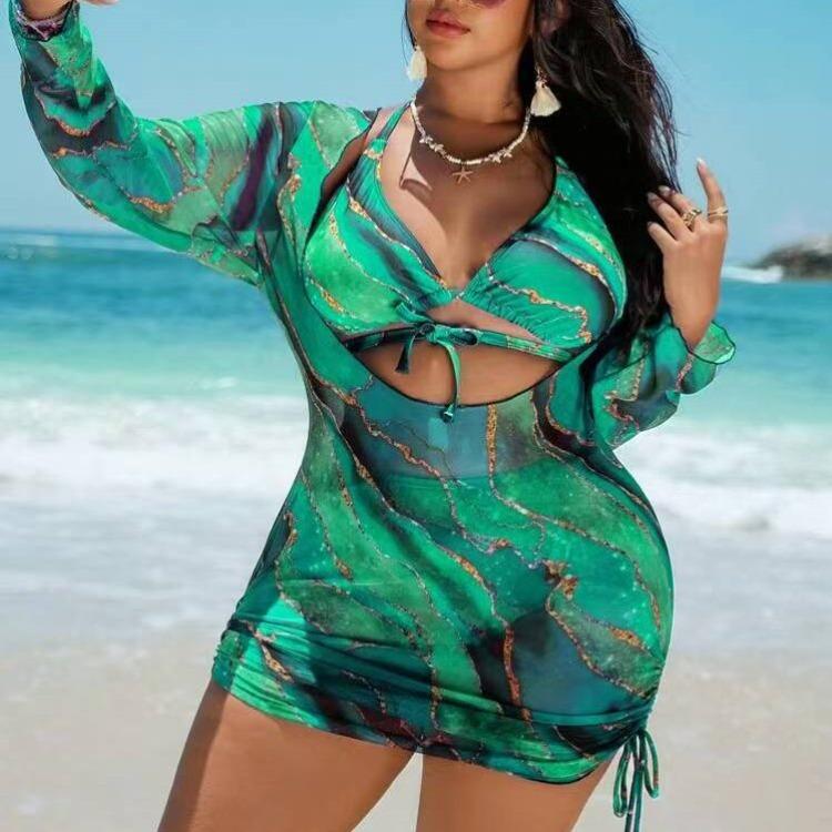 2026 New Plus Size Women Printed Bikini Three Piece Set Fashion Split Printed Swimwear Ladies Beach Bathing Suit