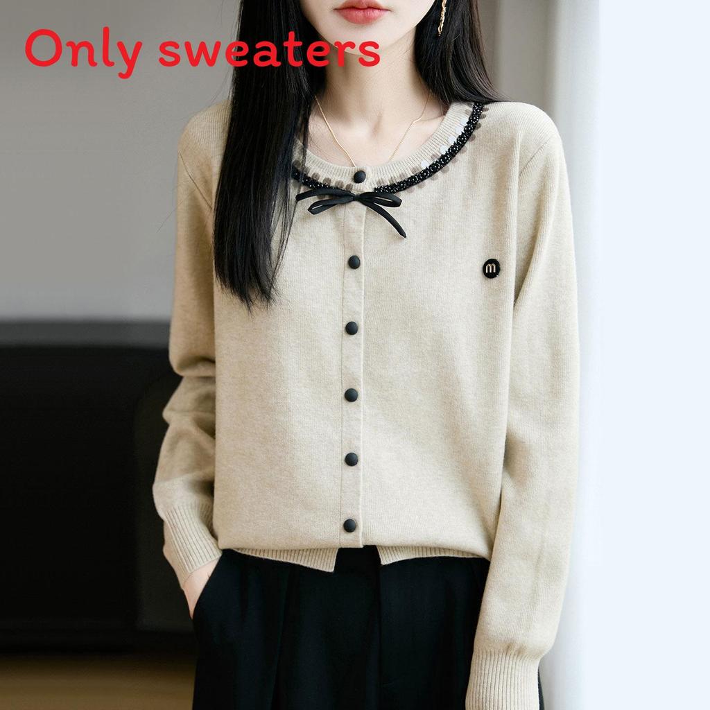 Womens Knit Cardigan With Sequins And Bow Decorations For Autumn Casual Wear