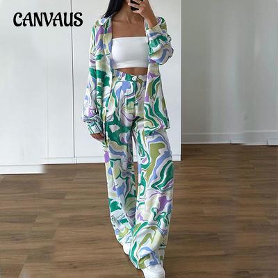 Весенний женский костюм-рубашка, свободная рубашка с принтом, длинные брюки, модный повседневный костюм