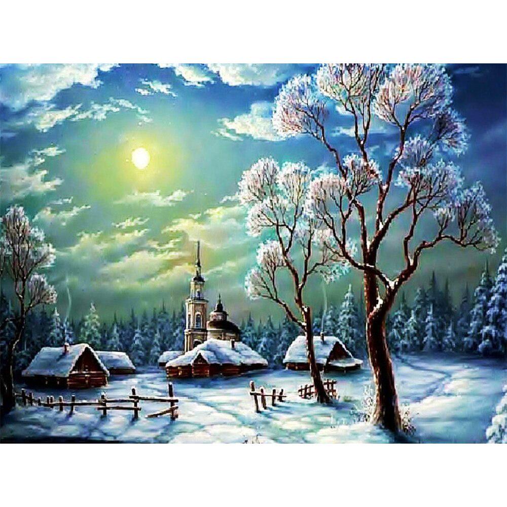 Diamond Painting Snow Scene Cross Stitch Full Round Diamond Embroidery Landscape Tree Rhinestone