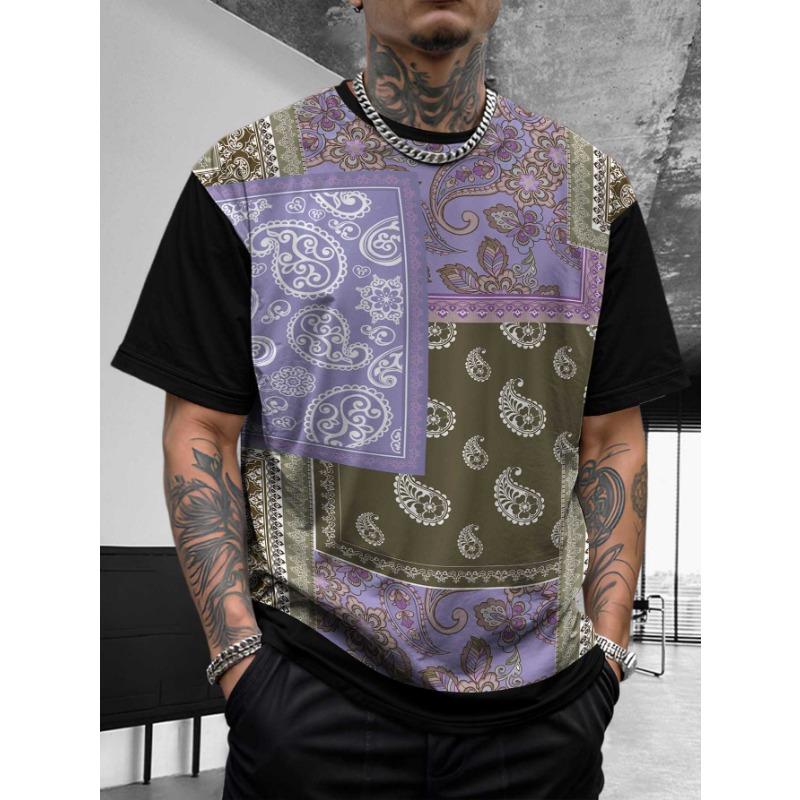 Bohemian Bandana Patterned Short - Sleeve Tops Summer Round Neck 3D Print Fashionable Casual Men's T-shirts