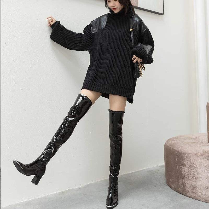 Giant Skinny Kendou European and American Patent Leather Boots Women's Autumn and Winter Knee Boots Elastic High-heeled Velvet Super Long Thigh Bo