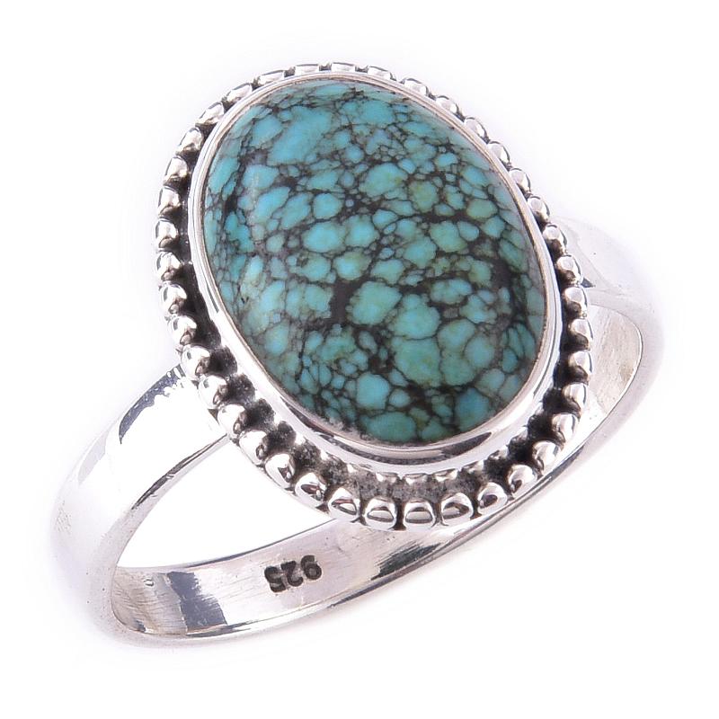Кольцо из серебра 925 пробы с натуральным тибетским драгоценным камнем бирюзой ручной работы S.10 R1N16