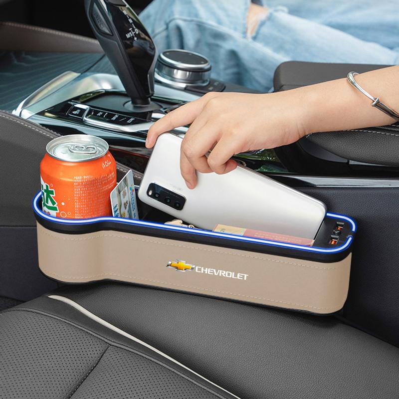 Car LED Lights Seat Gap Storage Box Cup Holder With USB Charging For Chevrolet Spark Captiva Cruze Malibu Equinox Trax Camaro GN7