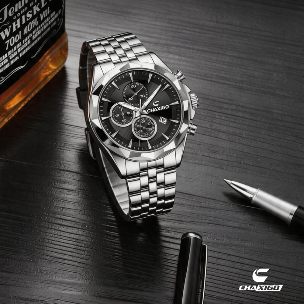 CHAXIGO444 New Trendy Men's Steel Belt Quartz Three Eye Timing Business Watch Night Light Waterproof Watches for Man Reloj