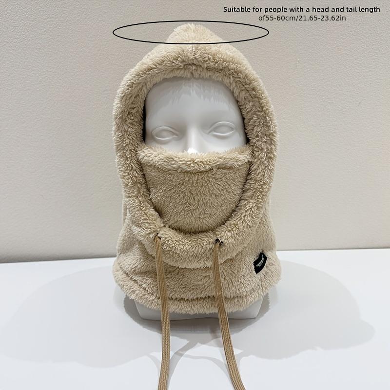 1PC Women's Winter Plush Mask Cap - Elastic Drawstring Closure, Light and Warm, Solid Color Soft Polyester Fiber Material, Hand Washable