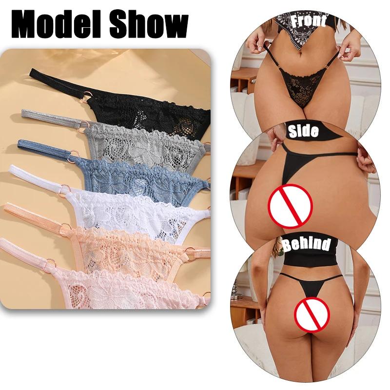 3PCs Low Waisted G-String Women American Lace Lady Cotton-Back Breathable Sheer Thin Strap Metal Thong