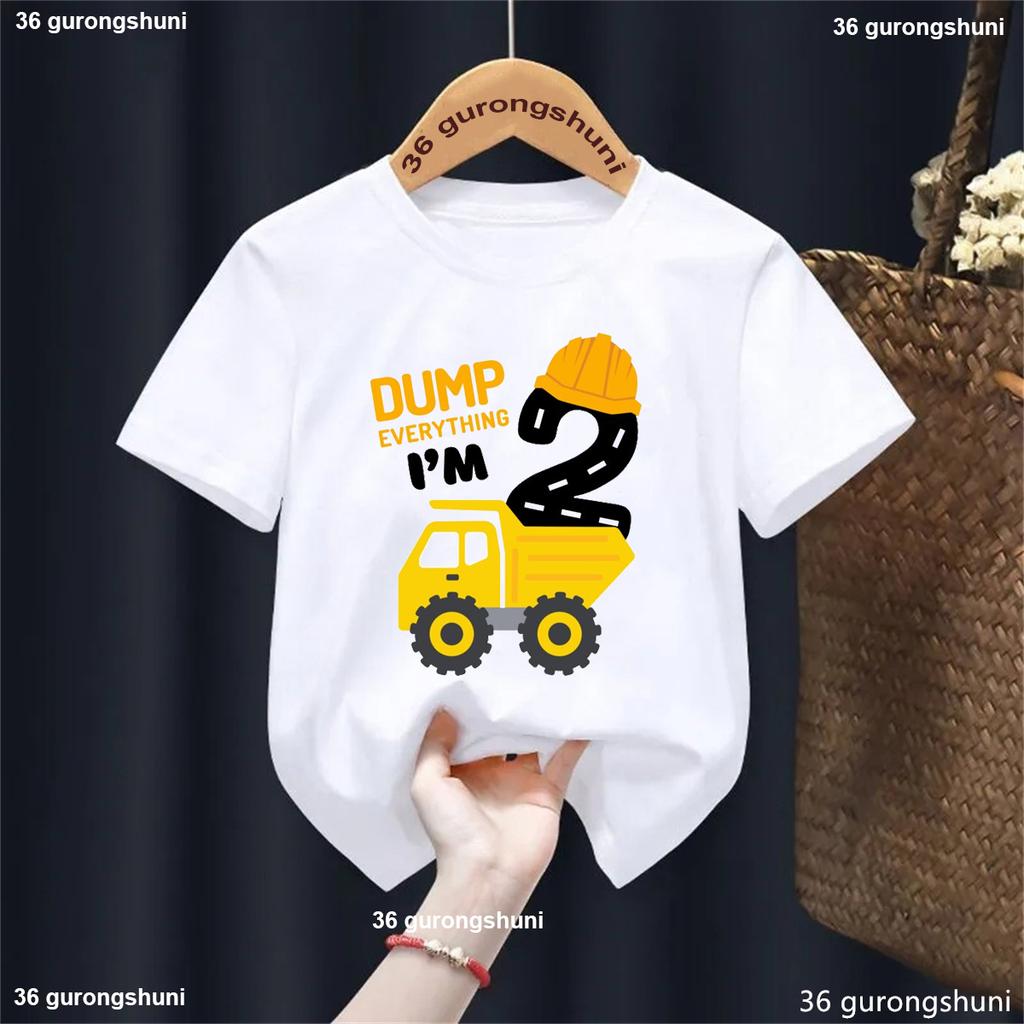 Birthday Gift Famer Tractor Fire Truck Aircraft Printed T Shirt Boys Kawaii Kids Clothes White/Blue/Yellow T-Shirt