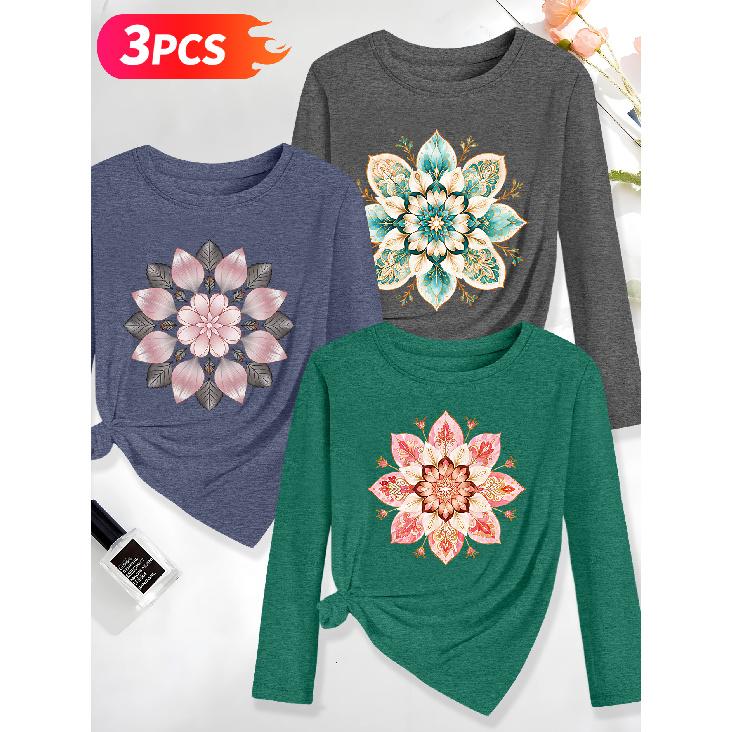Lele Orientation Three-piece women's long-sleeve set Symmetrical mandala floral geometric ethnic style watercolor vintage print Spring, Summer,