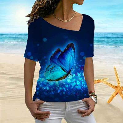 Женская футболка с 3D флуоресцентной бабочкой и фейерверком с цветущим воротником нерегулярной формы и короткими рукавами