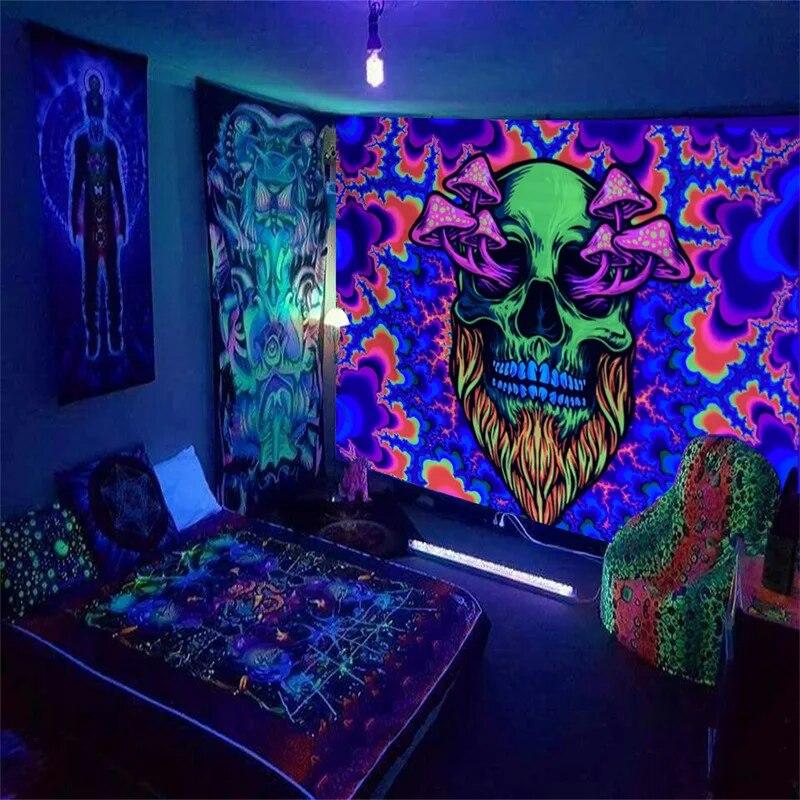 Black Light Tapestry UV Reactive Psychedelic Mysterious Mushroom Wall Hanging Bedroom Dorm Separate Room Decoration