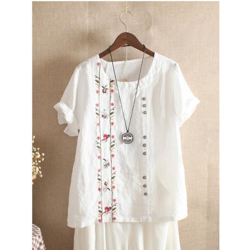 Футболка из хлопка и пеньки с вышивкой, с круглым вырезом и коротким рукавом, свободный универсальный топ, летние футболки для женщин
