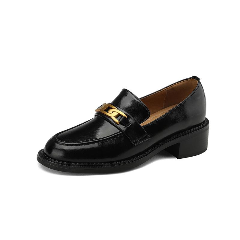 Зимние бархатные туфли-лоферы на толстом каблуке с металлической пряжкой женские 2025 новые французские ретро коричневые универсальные маленькие кожаные туфли