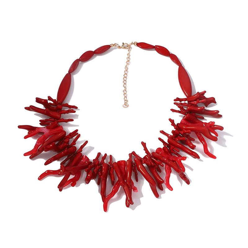 2Pcs Vintage Exaggerated Red Coral Beaded Necklace For Women Girls Bohemian Style Statement Irregular Necklace Holiday Gifts