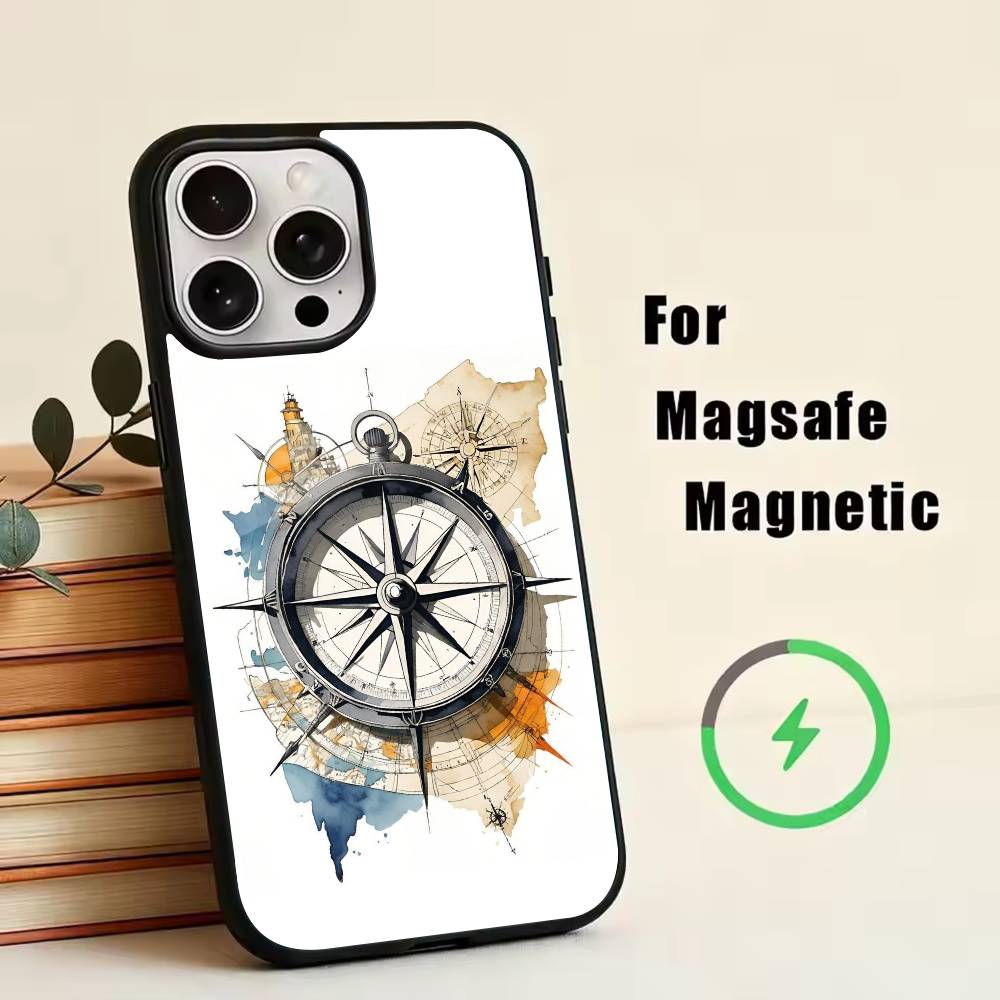 Vintage Nautical Compass Phone Case For iPhone17,16,15,14,13,12,11 Plus,Pro Magnetic with Magsafe Wireless Charging