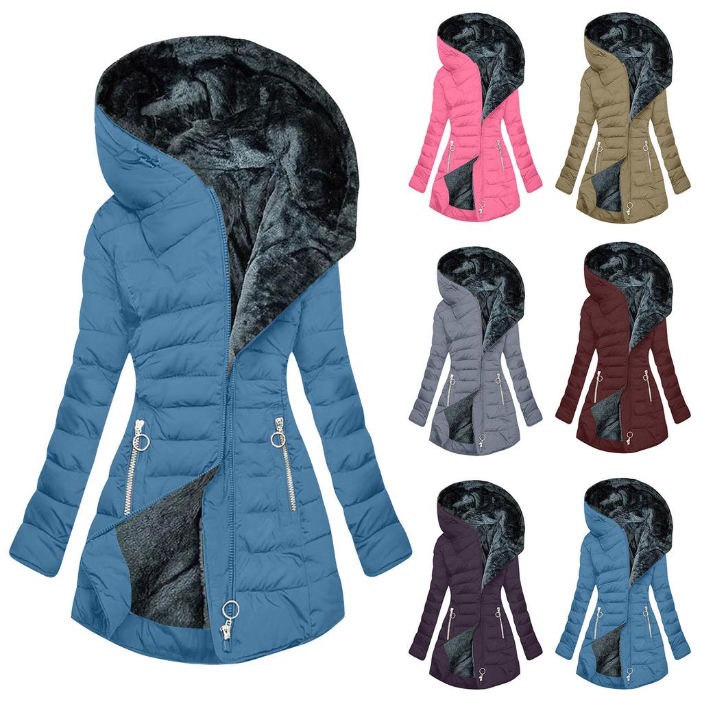 Solid Color Long Sleeve Zippered Slim Fit Women's Winter Hooded Jacket