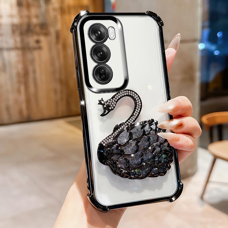 KEYSION Shockproof Plating Phone Case for OPPO Reno12 Pro 5G Clear TPU Glitter Jewelled Swan kickstand Back Cover for OPPO Reno12 5G