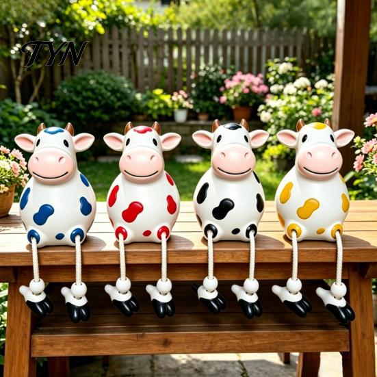 Outdoor Flower Bed Decoration Resin Cow Statue, Cute Shelf Sitter Figurine with Dangling Rope Legs, Hanging Leg Ornament Cartoon Farmhouse Animal
