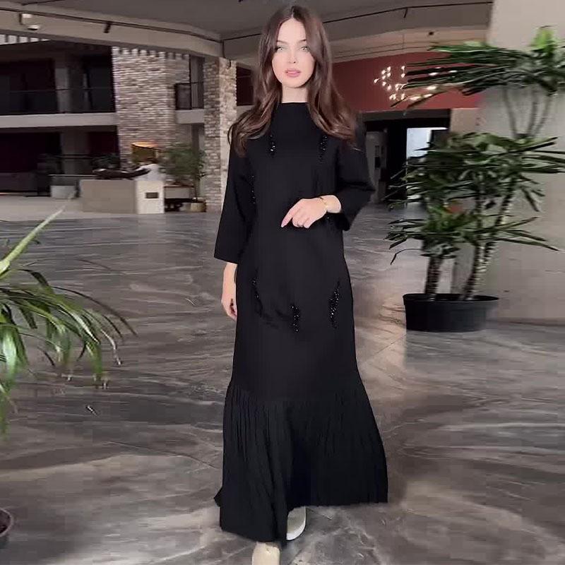 Round Neck Solid Long Sleeve Slim Fit Retro A-Line Dress Women