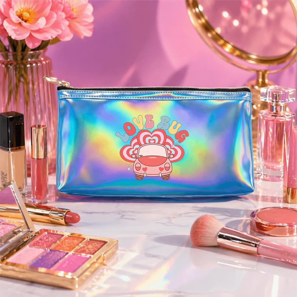Retro Heart Car Pattern Holographic Laser Cosmetic Makeup Bag,Travel Toiletry Organizer Pouch for Girls Women Holiday Gift