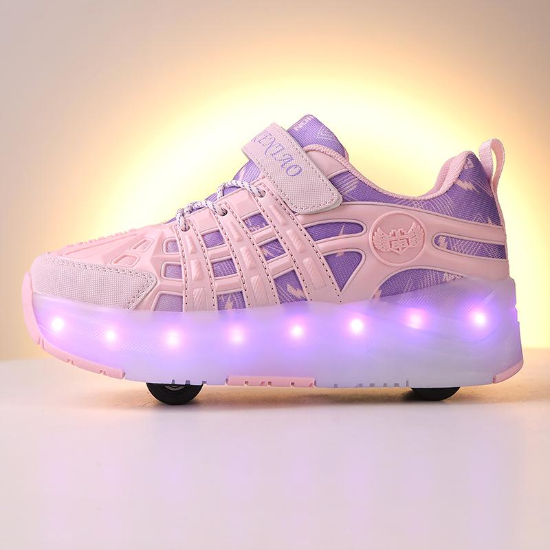 Четырехколесные роликовые коньки, детская спортивная обувь с выдвижными автоматическими колесами, зарядка через USB, светодиодная спортивная обувь