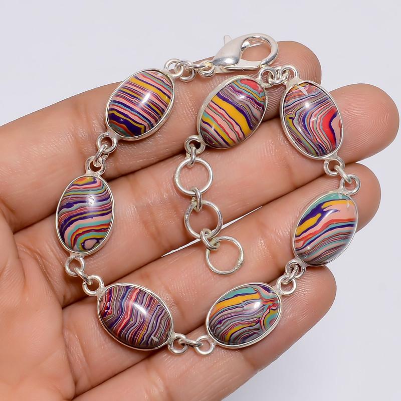 Outstanding Top Grade Qualite 100% Natural Rainbow Calsilica Oval Shape Ethnic Handmade Jewelry 925 Steling Silver Bracelet 7-8" WSJ-5212