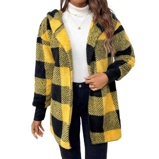 Зимний свитер, пальто с принтом в клетку, с капюшоном, толстый ветрозащитный кардиган с открытой строчкой, верхняя одежда, куртка средней длины из плюша для школьных путешествий