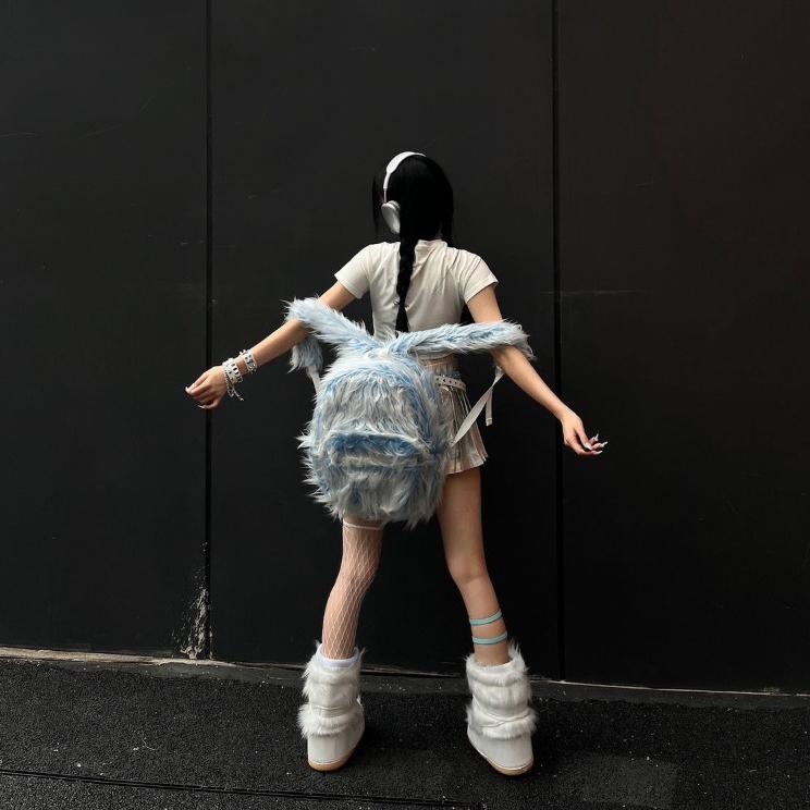 Сумки Двухцветный Контрастный Цвет Ледяной Голубой Пушистый Мужской и Женский Тренд Рюкзак для Отдыха Женский Зимний Школьный Рюкзак