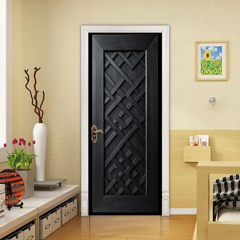 3D Door Decoration Stickers Modern Black Geometric Simple Abstract Lines Flowers Wallpaper For Living Room Home Decor Bedroom Art Decals
