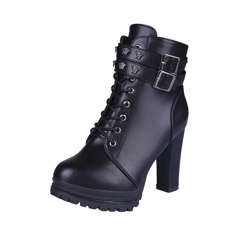 Женские осенние ботильоны Сексуальные офисные туфли на высоком каблуке Ботинки на платформе Круглый носок Кожаные ботильоны Черные туфли-лодочки Женская праздничная обувь Новинка 2024