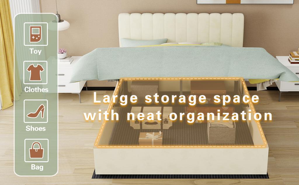 Modern Minimalist Upholstered Bed, 160x200 cm, Beige, Soft Headboard, High-Profile Storage Base with Gas Lift Mechanism, Mattress Not Included.