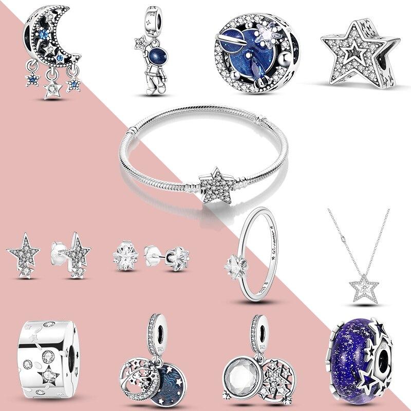 Star Collection 925 Silver Dangle Charms Stud Earring Rings Clip Charm Necklace Safty Chain Fit Original Bracelet DIY