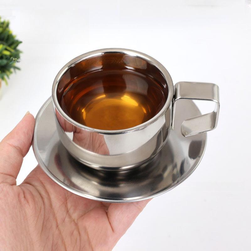 Niche Coffee Cup And Saucer Set Retro Stainless Steel Coffee Cup Small Exquisite Posing Vlog Afternoon Tea Cup