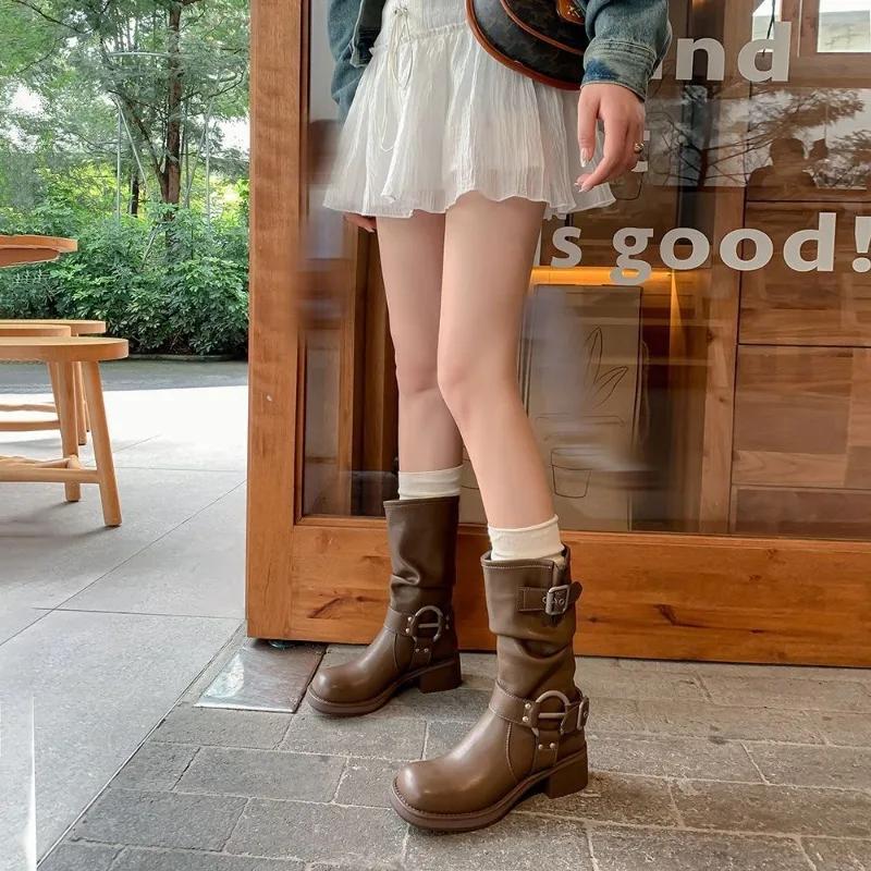Women's Cowboy Boots Autumn Winter Fashion Casual Platform Shoes Woman Mid Heel Round Toe Punk Leather Boots Ladies Footwear