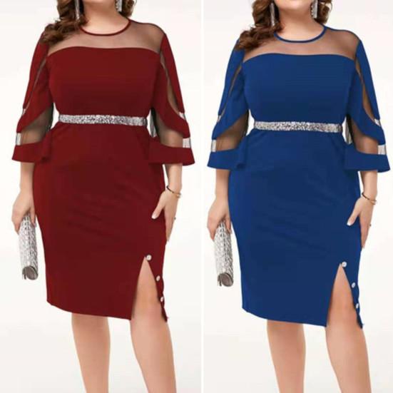 Women Dress See-through Mesh Patchwork Split Hem Sheath Slim Fit Three Quarter Sleeves Shiny Powder Crew Neck Prom Evening Office Wear Midi Dress