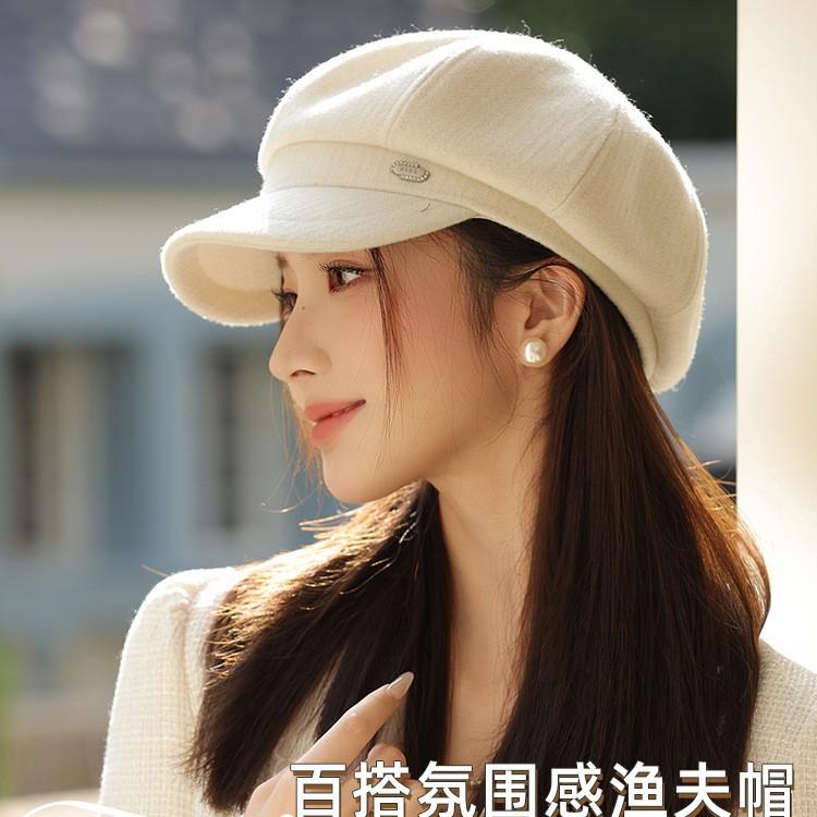 Autumn and winter premium woolen octagonal hat girls retro beige duck tongue painter hat trendy versatile newsboy hat