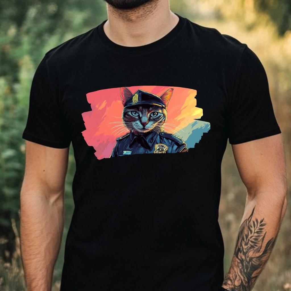 T-Shirt Herren Katze als Polizist Motiv Baumwolle Größe XS bis 5XL