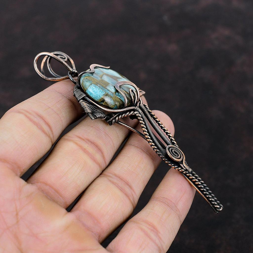 Медный амазонитовый кулон, обернутый медной проволокой, драгоценный камень, амазонит, ювелирное изделие, кулон для женщин, кулон ручной работы, медные украшения для подарка