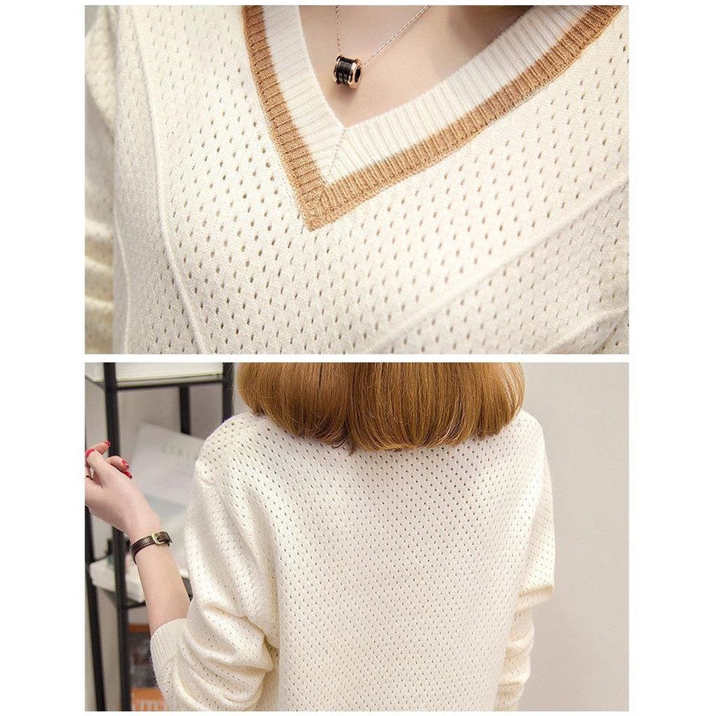 Осенний женский свитер с длинным рукавом, однотонный, с вырезом, повседневный пуловер, свободный женский свитер с V-образным вырезом