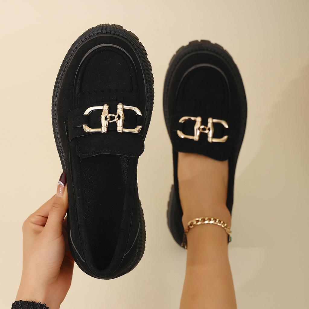 НОВЫЕ женские туфли-лоферы весна/осень с круглым носком и толстым каблуком, туфли из овечьей замши для женщин, ретро-туфли на платформе с металлической пряжкой