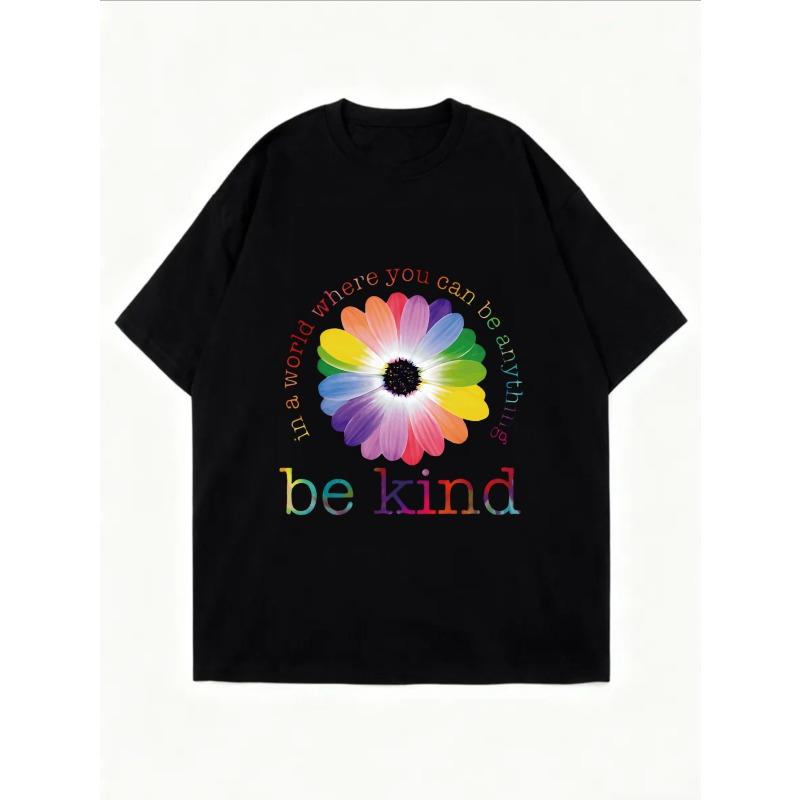 Oversized T-Shirt with Rainbow Gradient Daisy Print – "be kind" Heartwarming Slogan Artistic Top